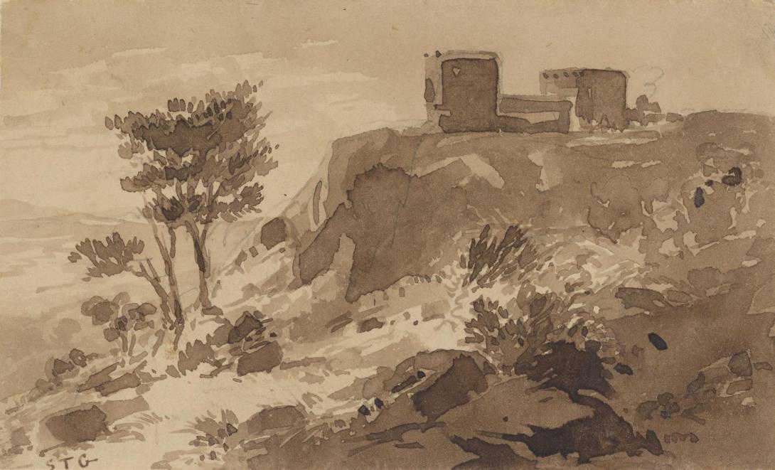 Artwork Untitled (ruined castle) this artwork made of Wash and pen and brown ink over pencil on cream wove paper, created in 1833-01-01