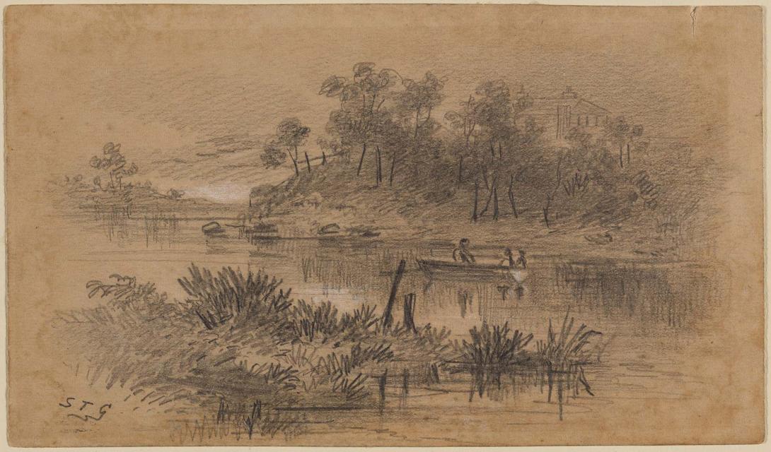 Artwork Untitled (at Cook's River, near Sydney) this artwork made of Pencil highlighted with chalk on brown wove paper, created in 1850-01-01