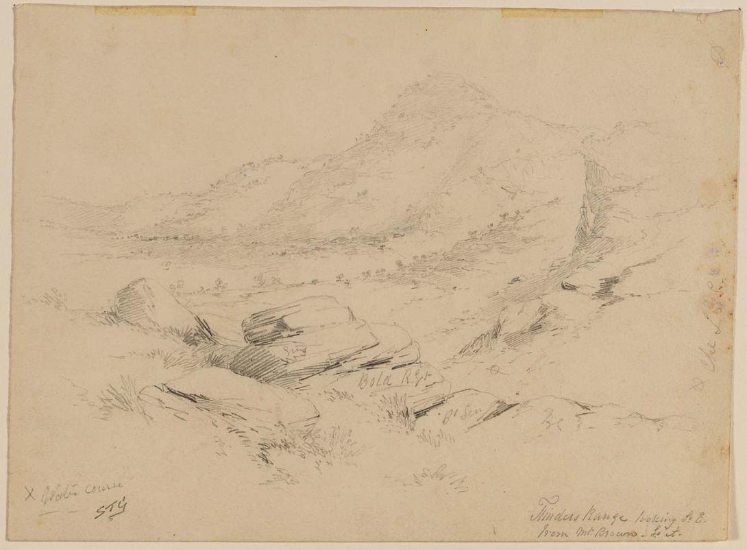Artwork Flinders Range looking south east from Mt Brown this artwork made of Pencil on wove paper, created in 1839-01-01
