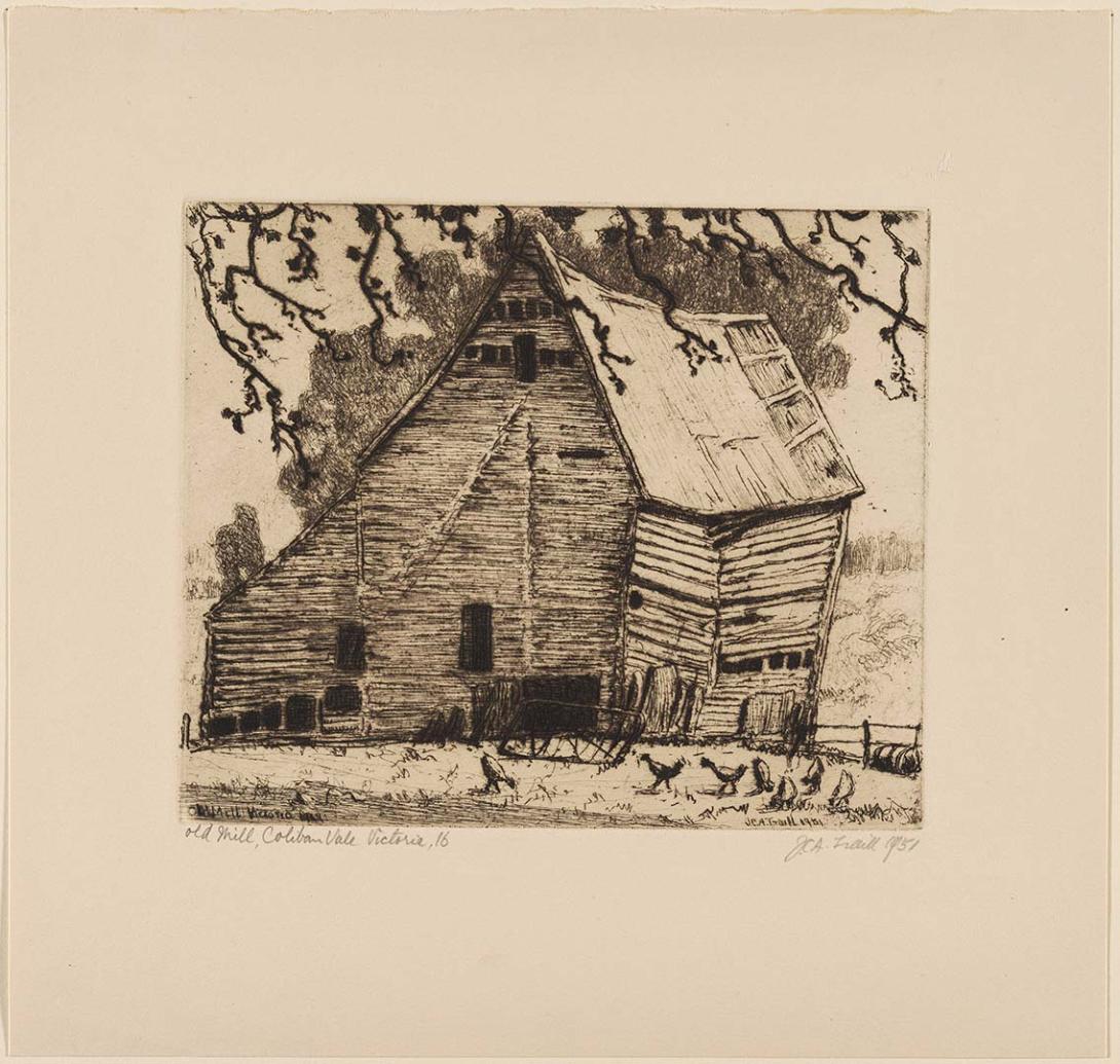 Artwork Old Mill, Coliban Vale, Victoria this artwork made of Etching and drypoint on cream wove paper, created in 1951-01-01