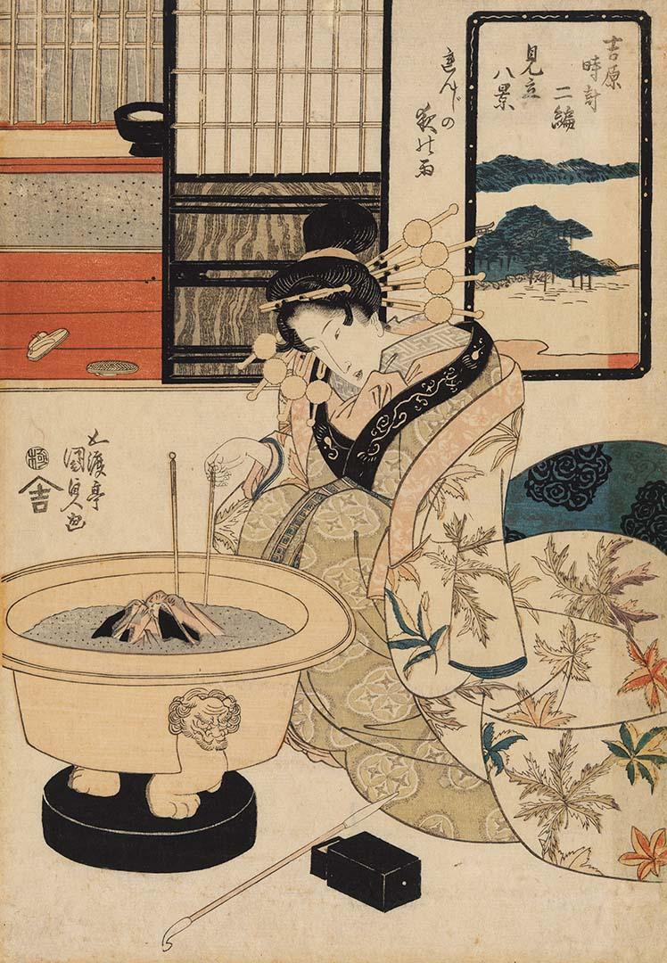 Artwork Life in Yoshiwara.  Courtesan thinking of her love on a rainy evening (from 'Yoshiwara Tokei Nihen Mitate Hakkei' series) this artwork made of Colour woodblock print on laid Oriental paper, created in 1815-01-01
