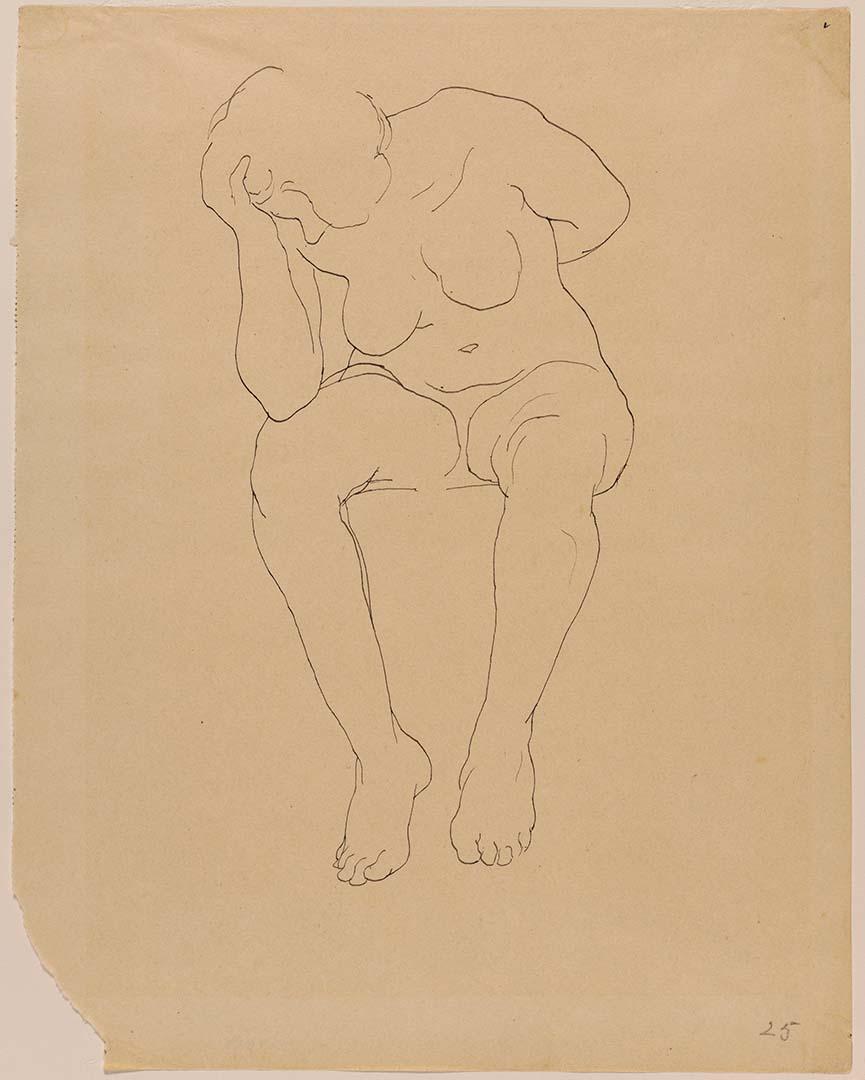 Artwork Untitled (female nude, seated with arm resting on dexter knee and head resting on hand) this artwork made of Pen and ink on cream wove paper, created in 1915-01-01