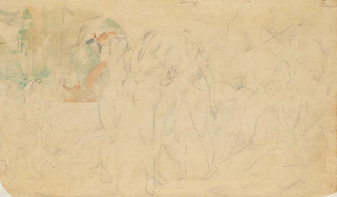 Artwork (Landscape with female nude figures) this artwork made of Pencil and watercolour on tracing paper
