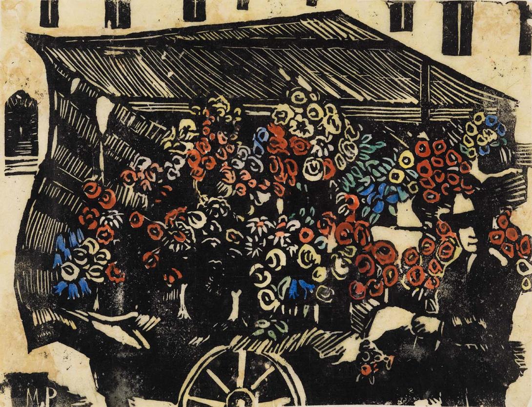 Artwork Flower stand this artwork made of Woodcut, hand-coloured on thin Oriental paper, created in 1918-01-01