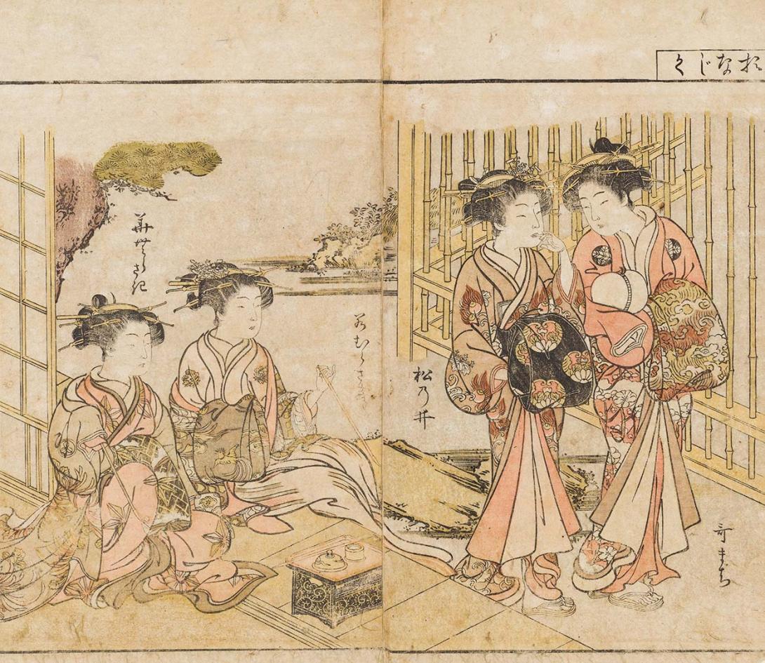Artwork (Four courtesans, one holding a pipe (from the album 'Seiro bijin-awase sugata-kagami' (Collected beauties of the green-houses)) this artwork made of Colour woodblock on paper, created in 1776-01-01