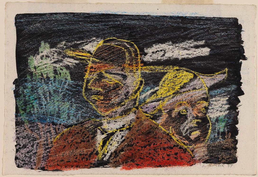 Artwork Two faces this artwork made of Wax crayons and wash on thick paper, created in 1957-01-01