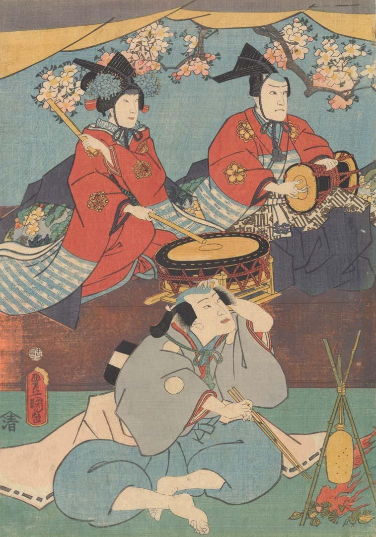 Artwork The Dolls' Festival (left-hand panel of triptych) this artwork made of Colour woodblock print on laid Oriental paper, created in 1860-01-01