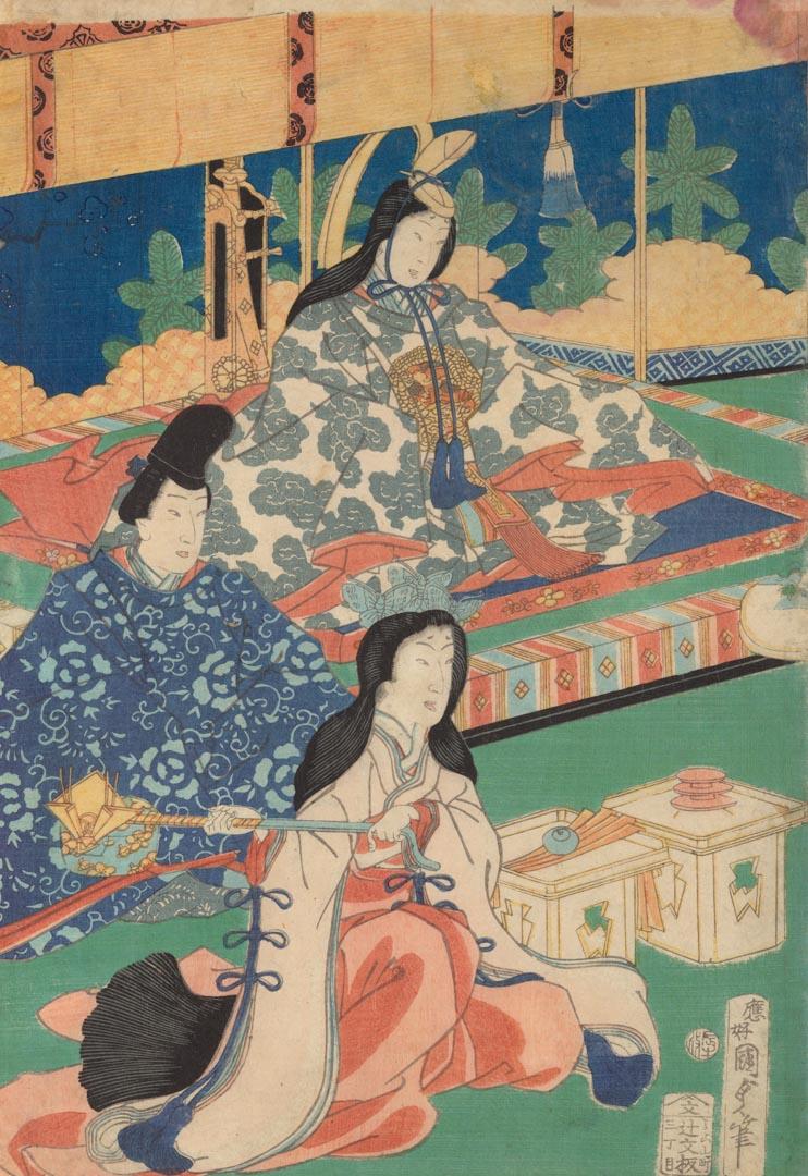 Artwork A New Year's interview (left-hand panel of triptych) this artwork made of Colour woodblock print on laid Oriental paper, created in 1856-01-01