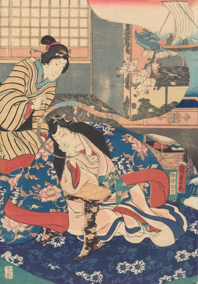 Artwork Scene from 'The Tale of Genji' (left-hand panel of triptych) this artwork made of Colour woodblock print on laid Oriental paper, created in 1860-01-01