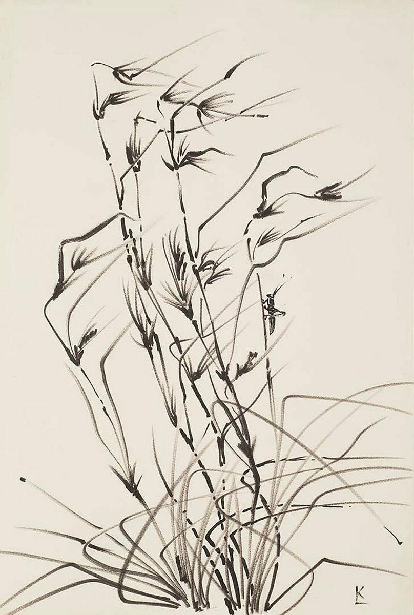 Artwork Grasshopper and weeds this artwork made of Fibre-tipped pen and ink on thick rough wove paper, created in 1955-01-01