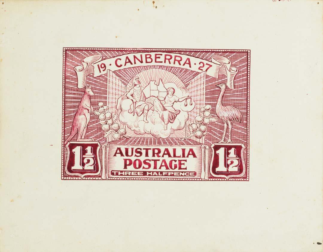 Artwork Design for postage stamp (Canberra 1927 1 1/2d) this artwork made of Pen and red ink and opaque white on cardboard