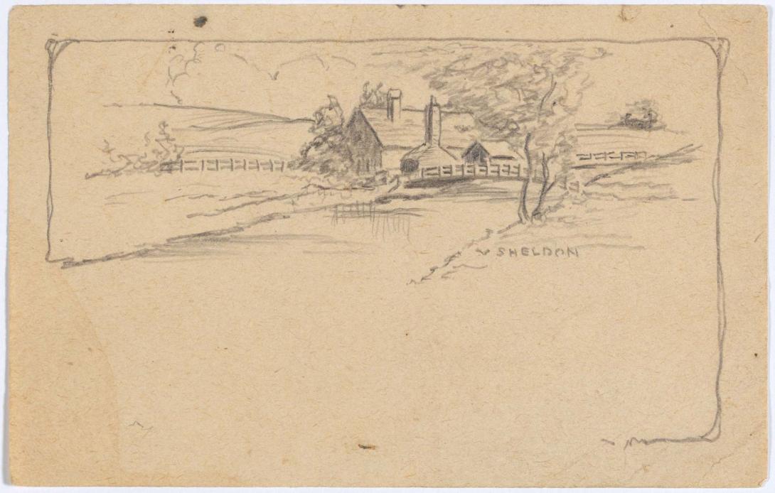 Artwork (Landscape with farmhouse and stream) this artwork made of Pencil on thin cream wove paper