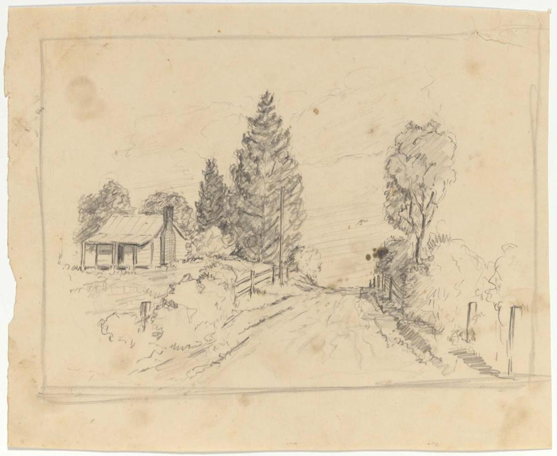 Artwork (Country road with house and trees) this artwork made of Pencil on cream wove paper
on cream wove paper