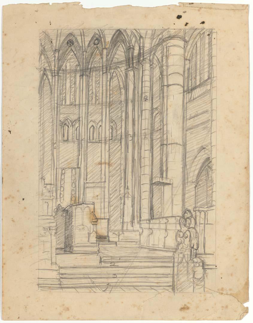 Artwork (Interior of St John's Cathedral, Brisbane, side view of altar) this artwork made of Pencil on cream wove paper
on cream wove paper
