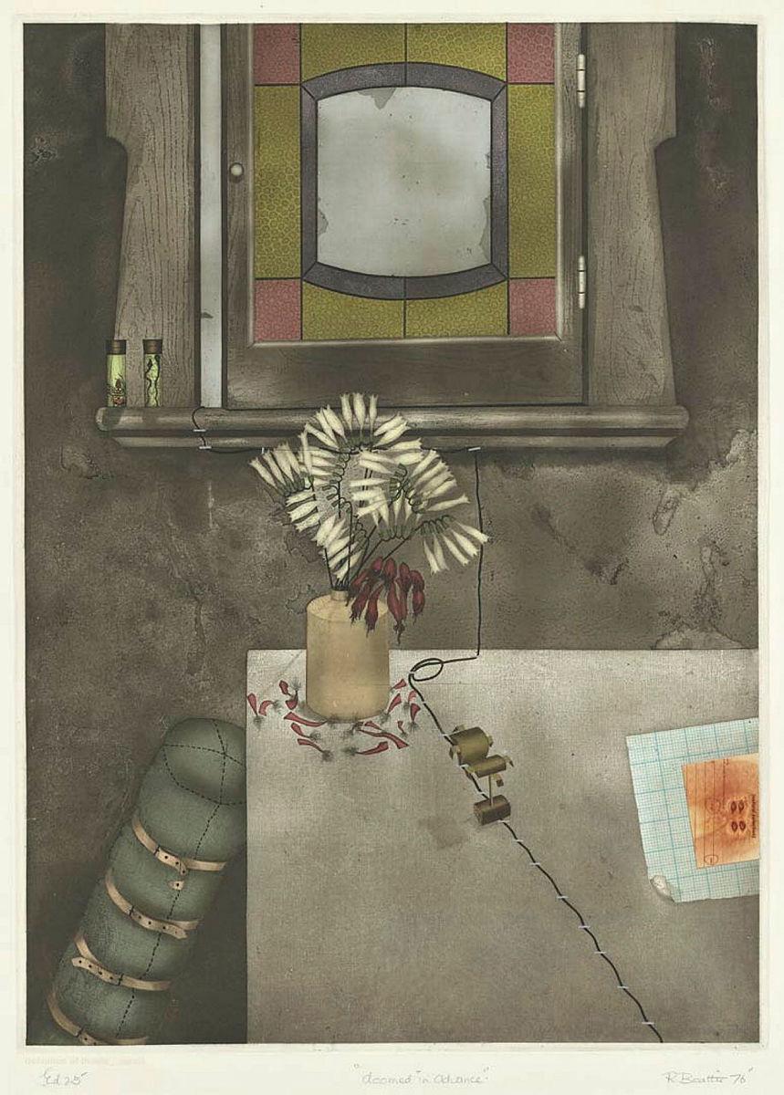 Artwork Doomed in advance (from 'Definition of peace' series) this artwork made of Colour etching, soft-ground etching, aquatint, screenprint, chine appliqué and collage, hand-coloured on wove handmade paper, created in 1976-01-01