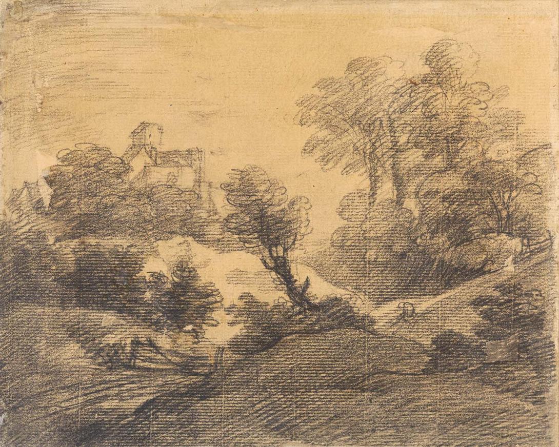 Artwork Wooded landscape with buildings this artwork made of Pencil on buff laid paper, created in 1755-01-01