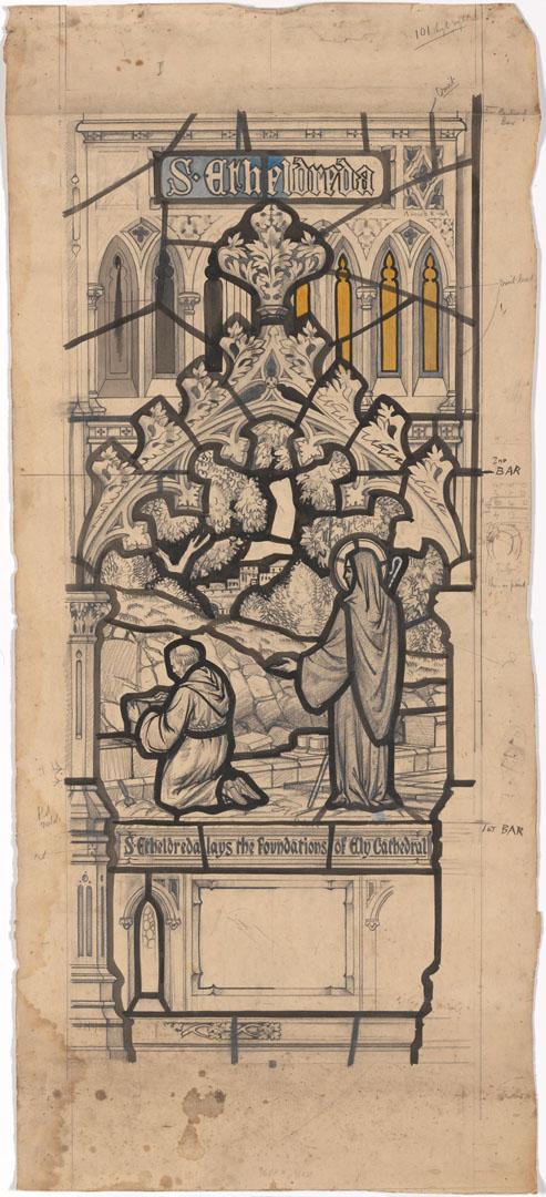 Artwork Sketch for stained glass window, St John's Cathedral, Brisbane (St. Etheldreda) this artwork made of Pencil and watercolour on paper