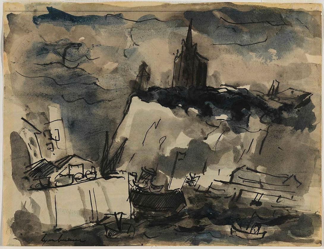 Artwork Dieppe Harbour this artwork made of Pen and blue-black ink and wash on wove paper, created in 1953-01-01