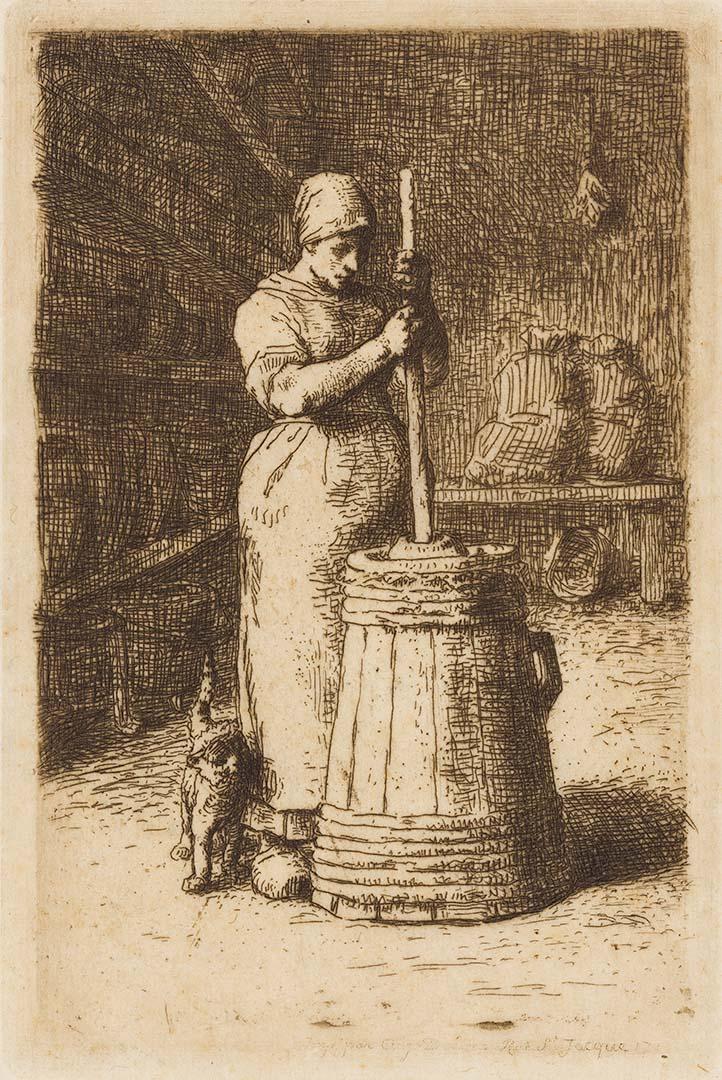 Artwork La baratteuse (A woman churning butter) this artwork made of Etching on thin ivory laid paper, created in 1855-01-01