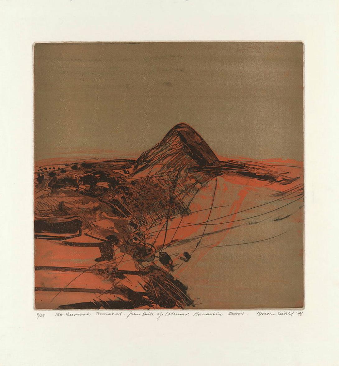 Artwork Mt Beerwah primeval (from 'Suite of Coloured Romantic Scenes') this artwork made of Etching, sugar-lift aquatint, printed intaglio and relief on paper, created in 1978-01-01