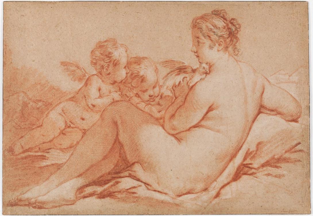 Artwork Venus avec deux angelots (Venus with two cherubs) this artwork made of Red, black and white chalk on light brown laid paper, created in 1730-01-01