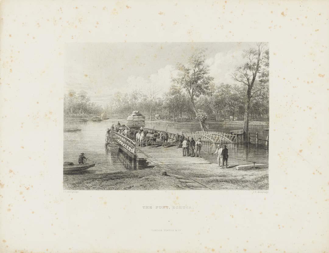 Artwork The punt, Echuca (no. 31 from 'Australia' series) this artwork made of Etching and engraving on thick cream wove paper, created in 1870-01-01