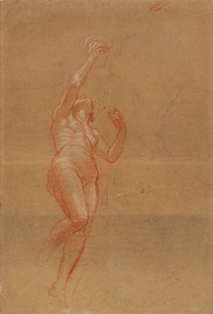 Artwork (Study of a female nude viewed from below) this artwork made of Red chalk and pencil heightened with white on buff paper, created in 1718-01-01