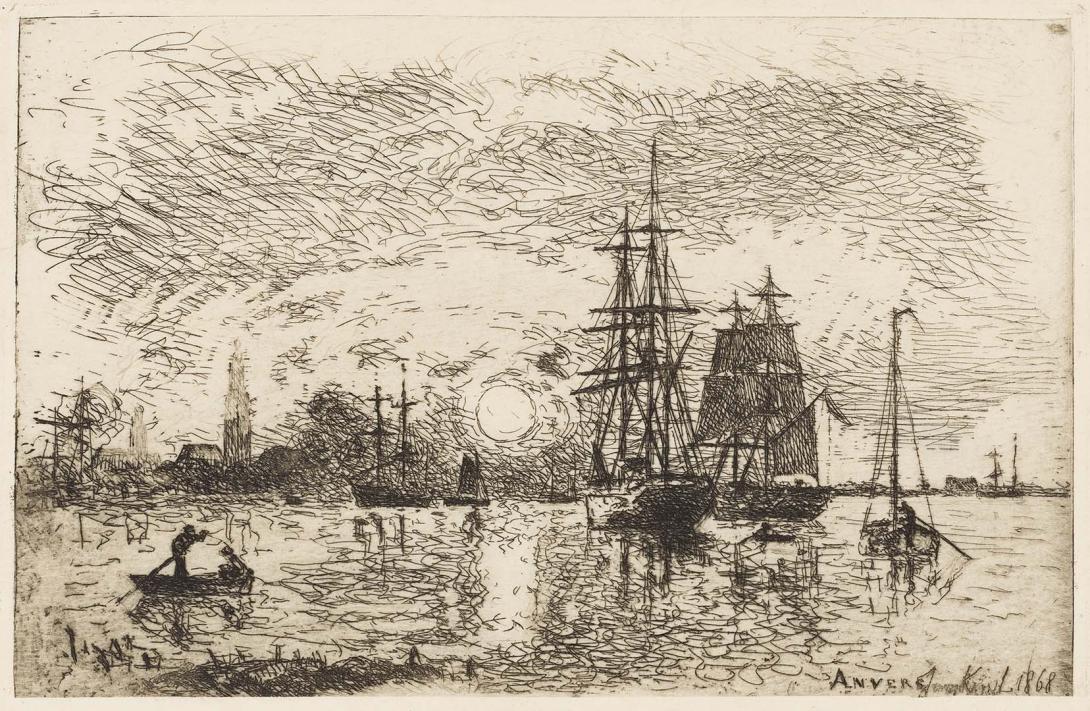 Artwork Soleil couchant, Port d'Anvers (Sunset at Antwerp Harbour) this artwork made of Etching on laid Oriental paper, created in 1868-01-01
