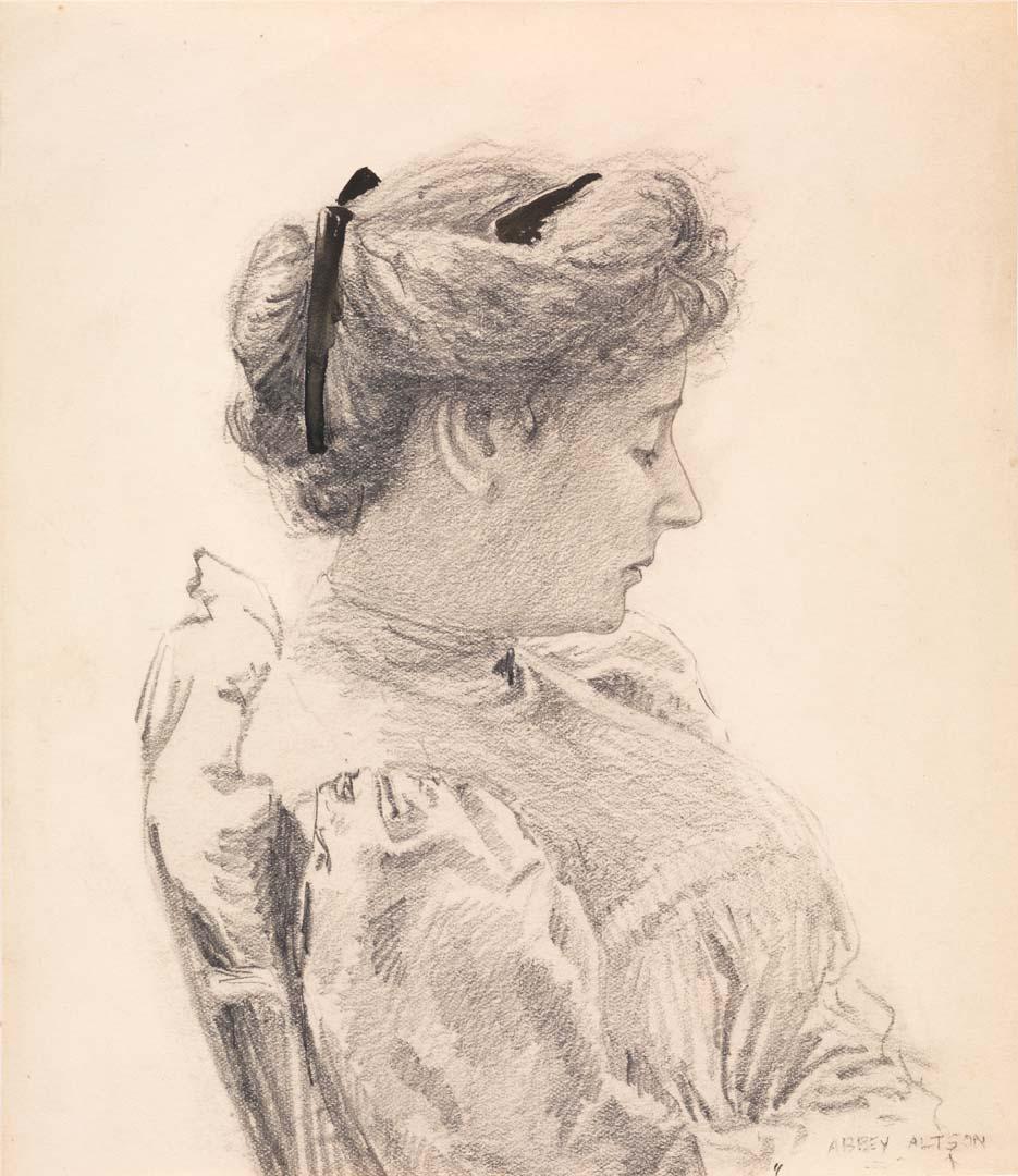 Artwork (Portrait of a woman) this artwork made of Pencil, ink on cream wove paper, created in 1885-01-01