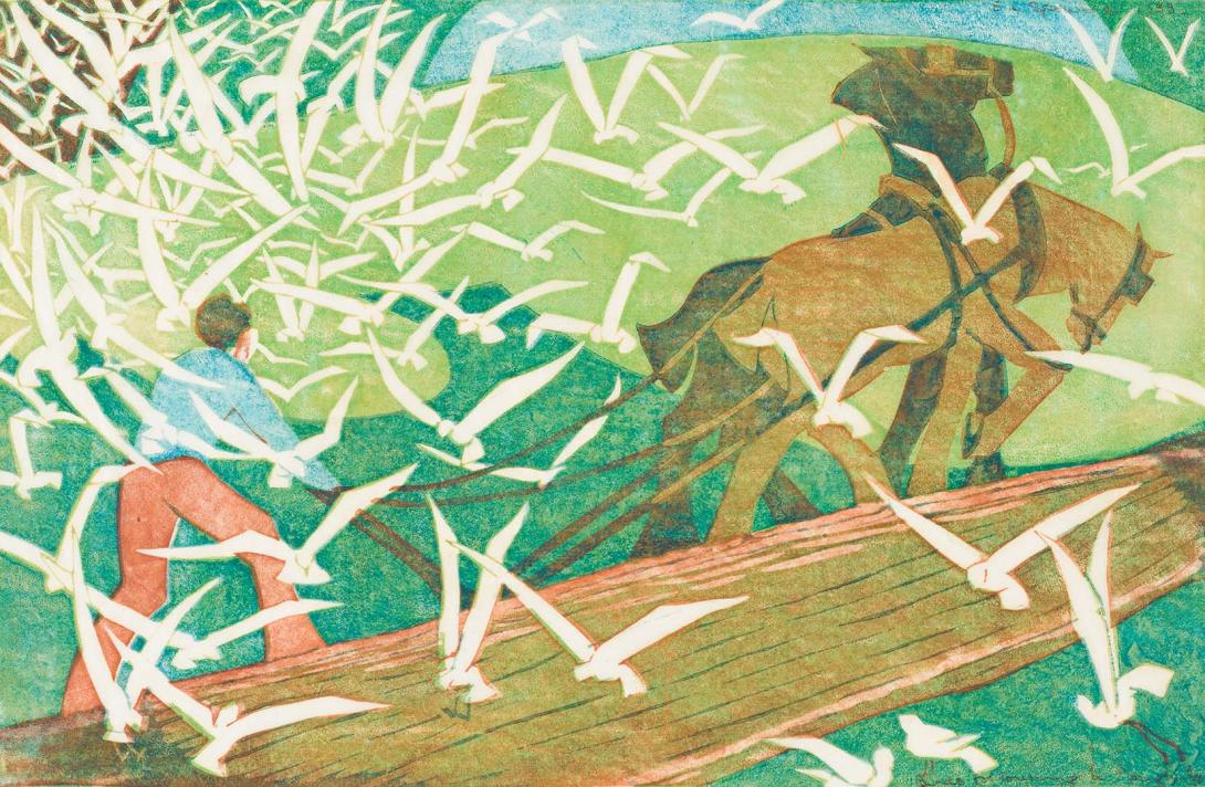 Artwork Birds following a plough this artwork made of Colour linocut on thin off-white laid Oriental paper, created in 1933-01-01