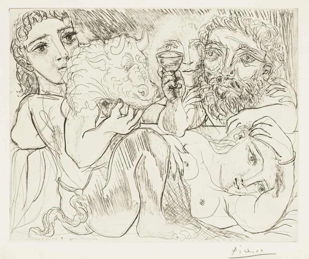 Artwork Minotaure, buveur et femmes (Minotaur, man drinking and women) (no. 92 of the 'Suite Vollard') this artwork made of Etching, soft ground etching, drypoint on laid paper, created in 1933-01-01