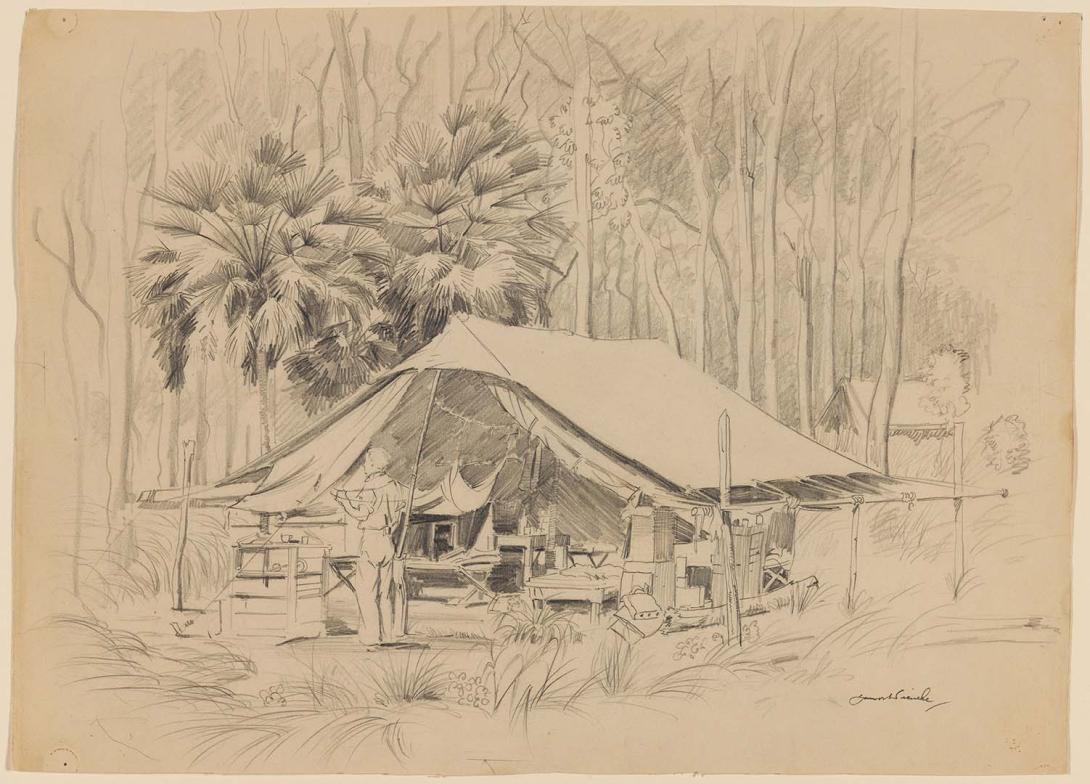 Artwork Tents in jungle this artwork made of Pencil on wove paper (cartridge paper), created in 1944-01-01