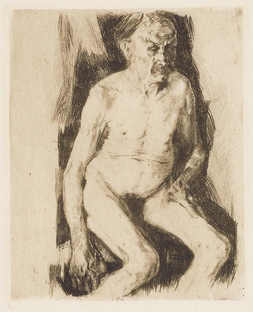 Artwork Sitzender mannlicher Akt (Seated male nude) this artwork made of Etching on smooth light-brown paper, created in 1891-01-01