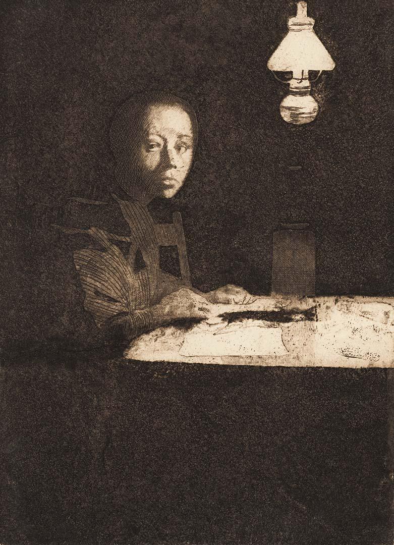 Artwork Selbstbildnis am Tisch (Self portrait seated at a table) this artwork made of Etching, aquatint on cream wove paper, created in 1887-01-01