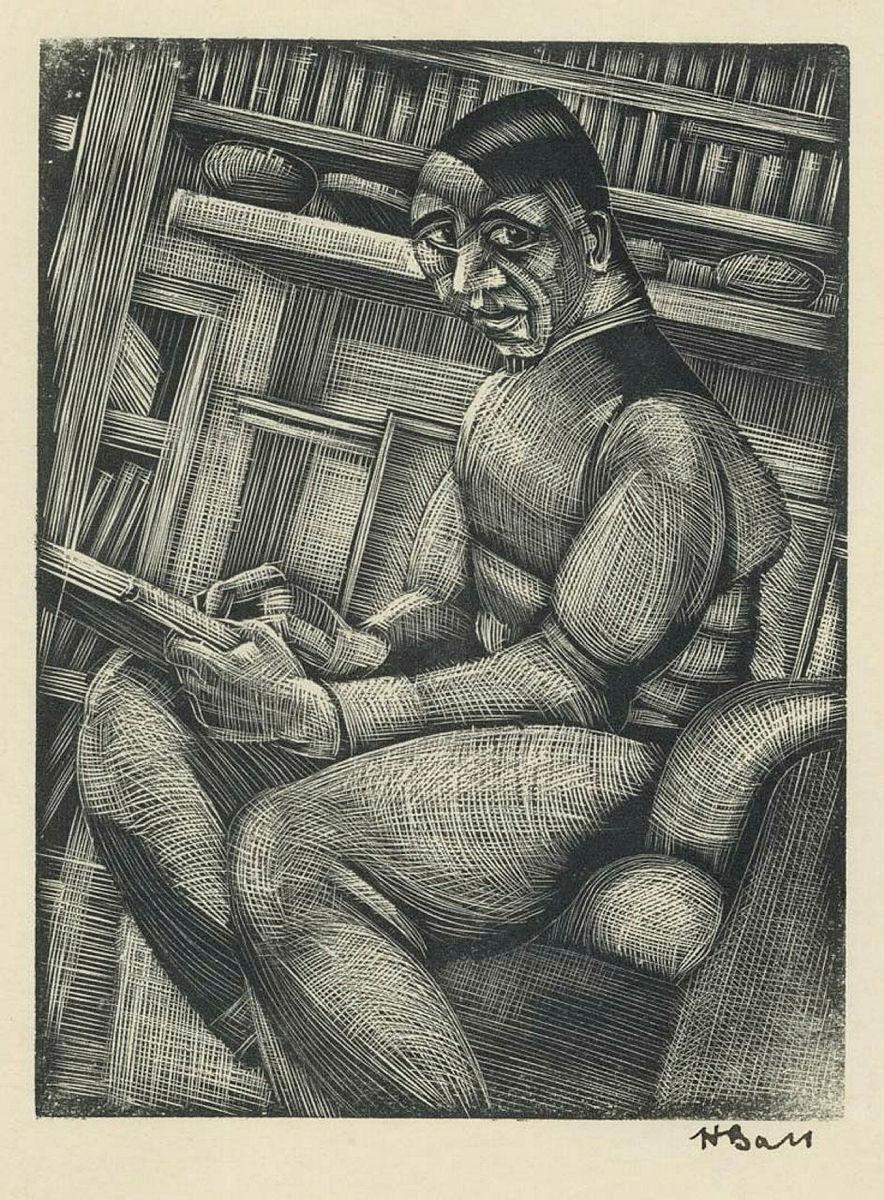 Artwork (Self-portrait sketching) this artwork made of Wood engraving on thin smooth paper (from spiral bound notebook, perforations along lower edge), created in 1915-01-01