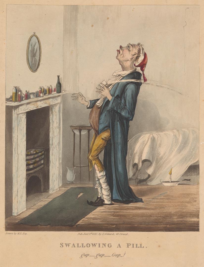 Artwork Swallowing a pill this artwork made of Etching, aquatint, hand-coloured on wove paper, created in 1827-01-01