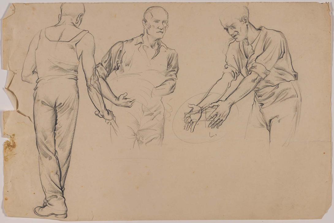Artwork (Studies of a man carrying a sheaf of grain, a man carrying a chook and a man holding a hose) this artwork made of Pencil on paper, created in 1927-01-01