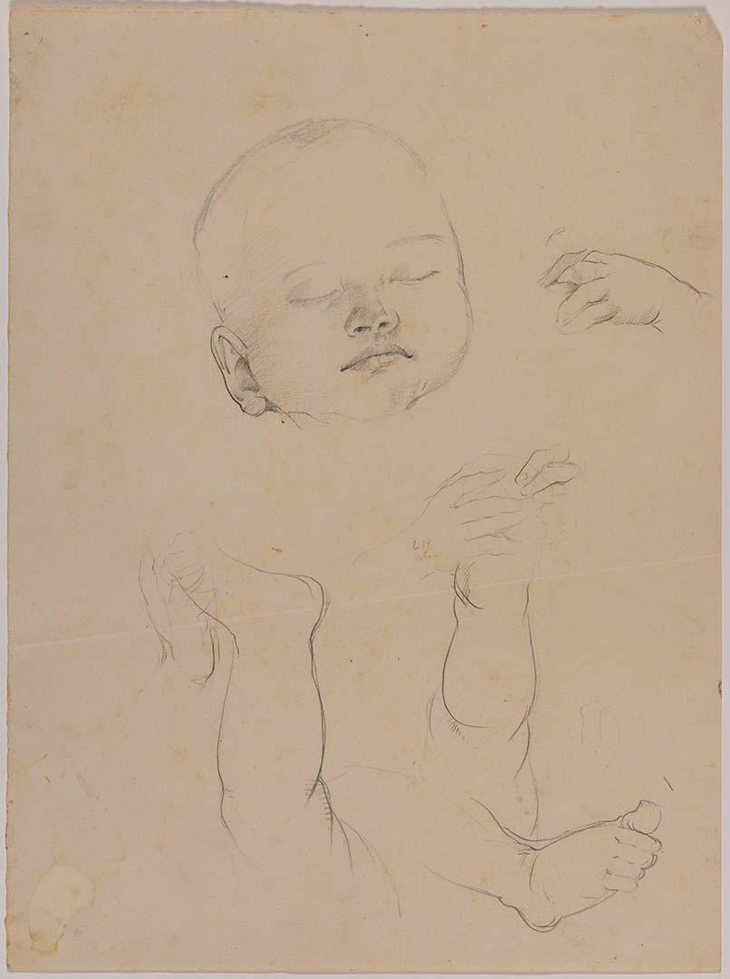 Artwork (Studies of a baby's head, hands and legs) this artwork made of Pencil on paper