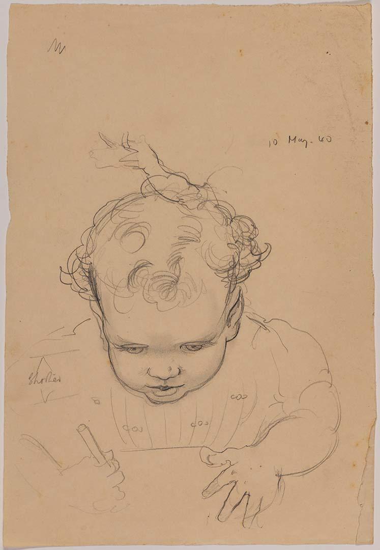 Artwork (Study of a baby drawing with a crayon) this artwork made of Pencil on paper, created in 1940-01-01