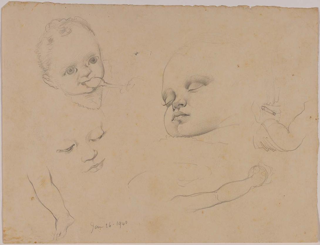 Artwork (Studies of a baby asleep, a baby's face, a baby holding a spoon in her mouth and a baby's legs) this artwork made of Pencil on paper, created in 1940-01-01