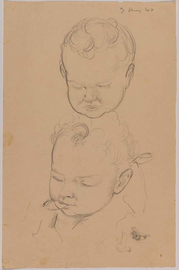 Artwork (Studies of a baby asleep (one with a spoon in the baby's mouth), a baby's eye and nose) this artwork made of Pencil on paper, created in 1940-01-01
