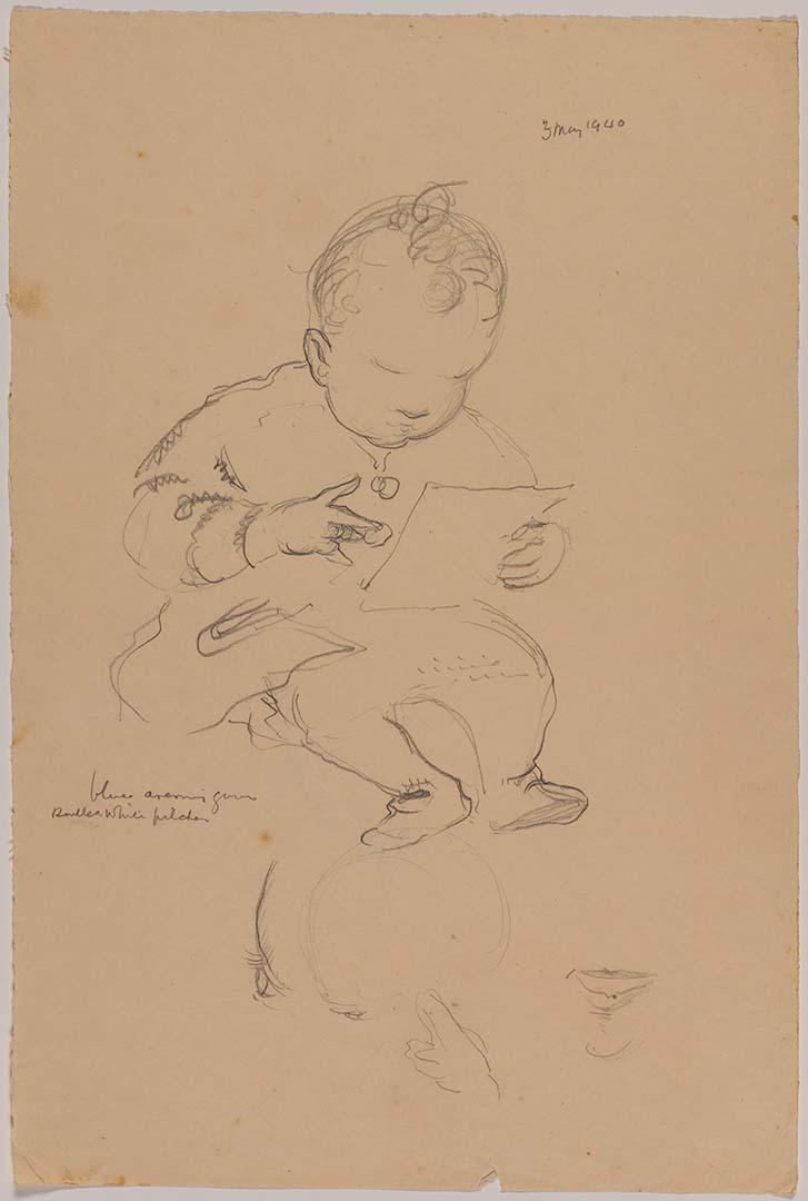 Artwork (Studies of a baby looking at a piece of paper and a baby's eyes and mouth) this artwork made of Pencil on paper, created in 1940-01-01
