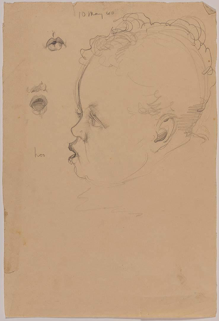 Artwork (Study of a baby's head in profile) this artwork made of Pencil on paper, created in 1940-01-01