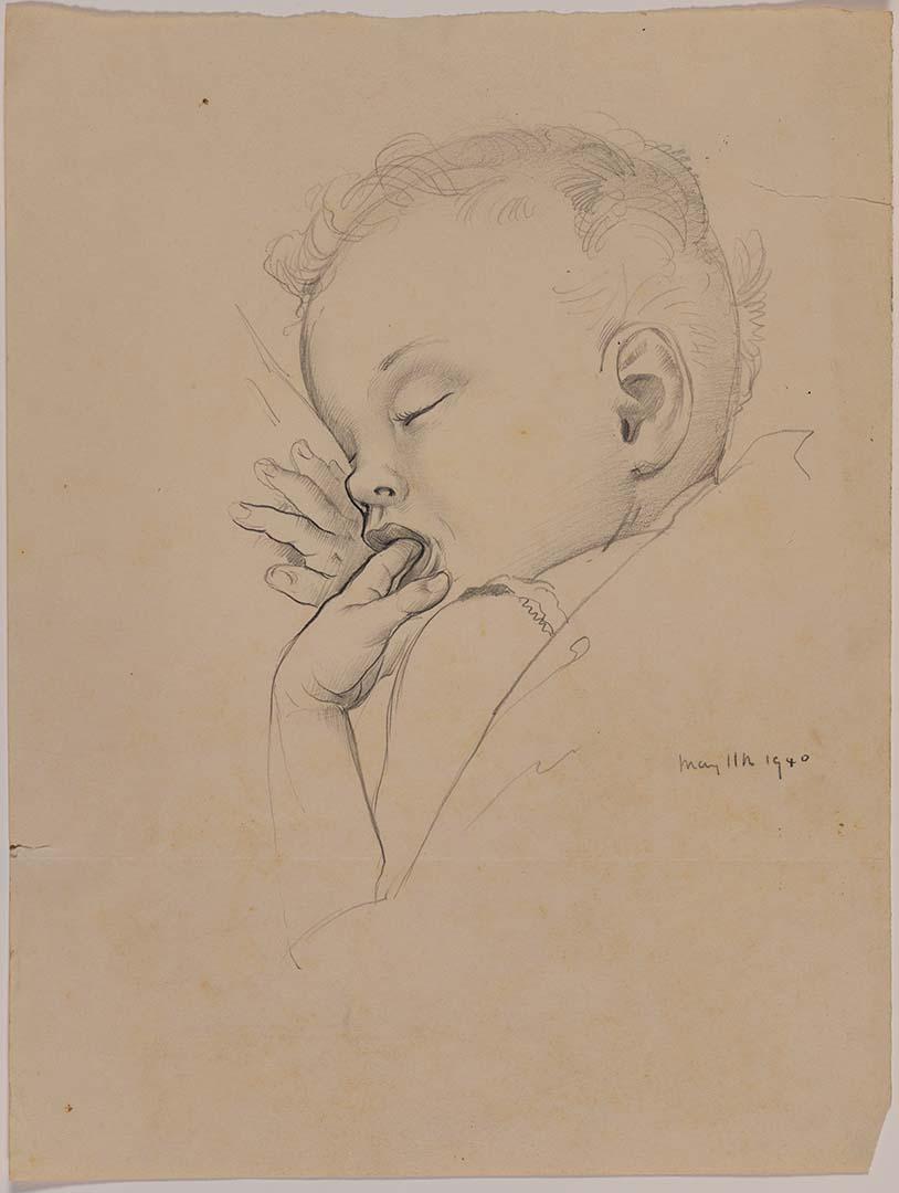 baby sleeping on bownsor (2020 原画) Study of a baby sleeping with her finger in her mouth) 1940