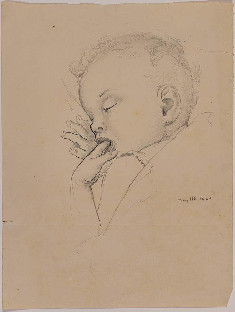 Artwork (Study of a baby sleeping with her finger in her mouth) this artwork made of Pencil on paper, created in 1940-01-01