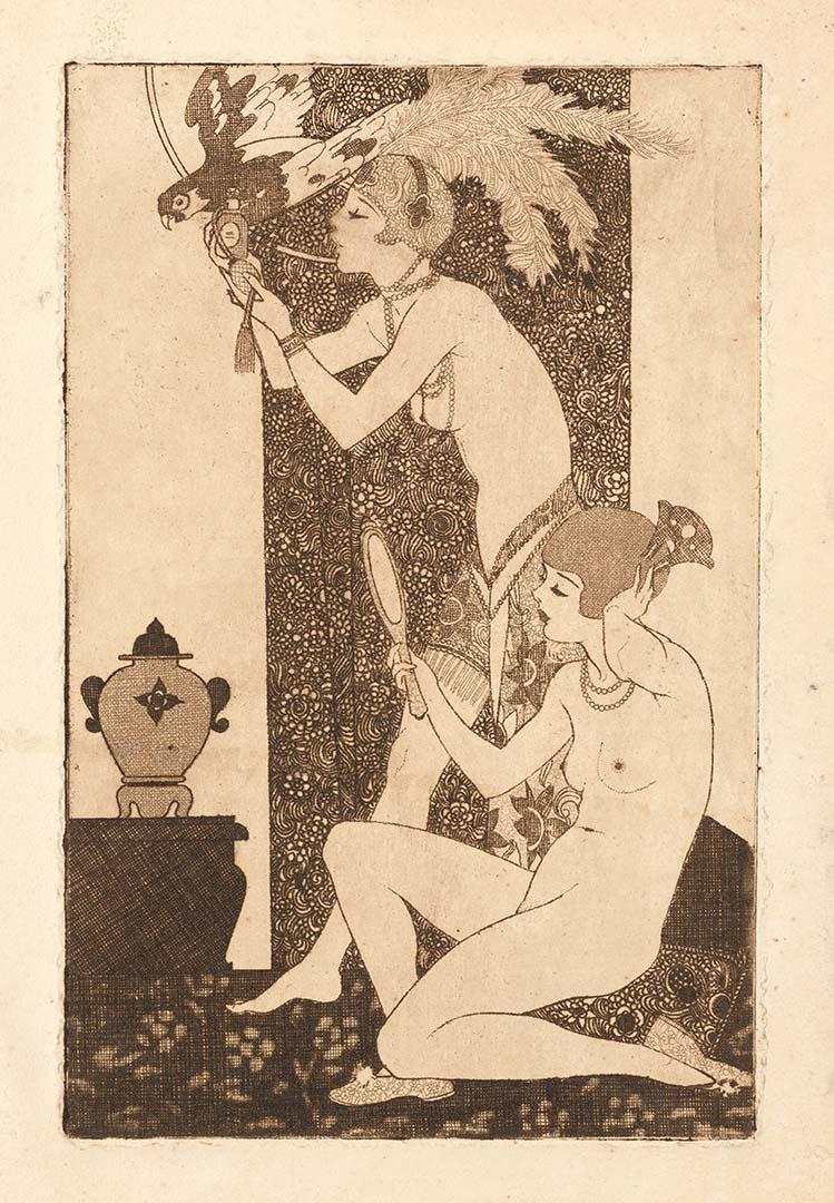Artwork (Two female nude figures) this artwork made of Etching on cream, handmade, wove paper