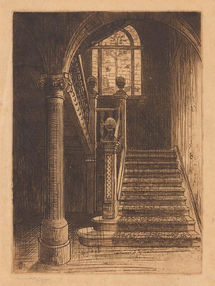 Artwork (Staircase, 'Wynberg') (from 'Wynberg set') this artwork made of Etching on thin, cream, laid paper, created in 1928-01-01