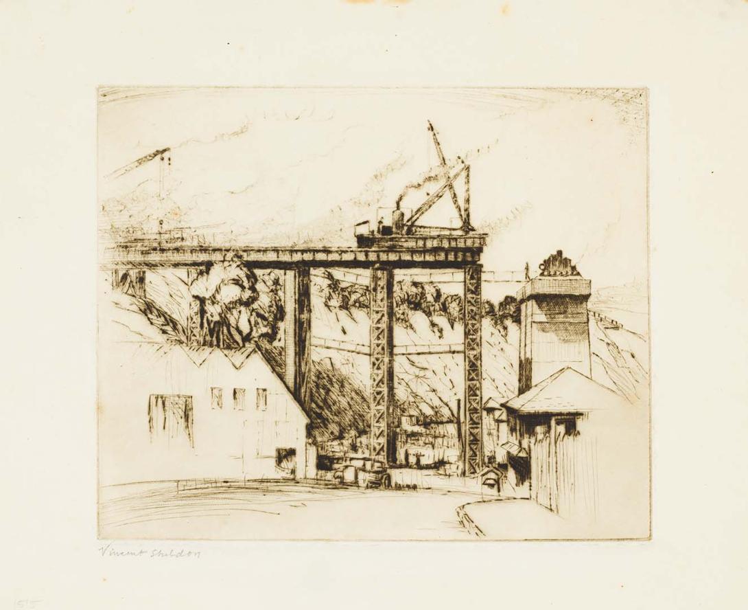 Artwork Building the Story Bridge this artwork made of Drypoint on cream, handmade, wove paper, created in 1935-01-01