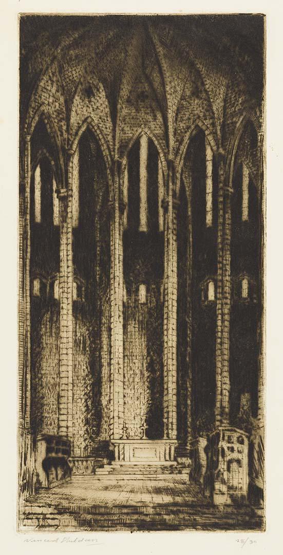 Artwork Interior, St John's Cathedral this artwork made of Drypoint on cream wove paper, created in 1935-01-01