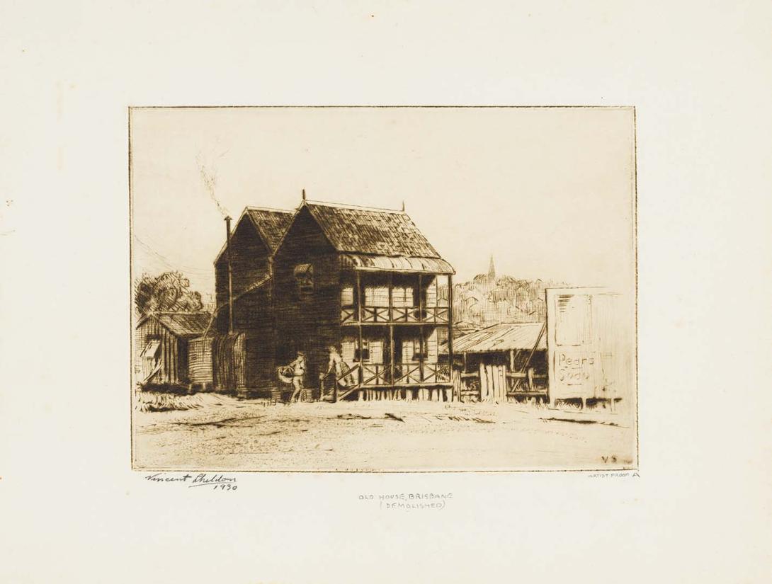 Artwork Old house (now Centenary Park) this artwork made of Drypoint on cream handmade wove paper, created in 1930-01-01